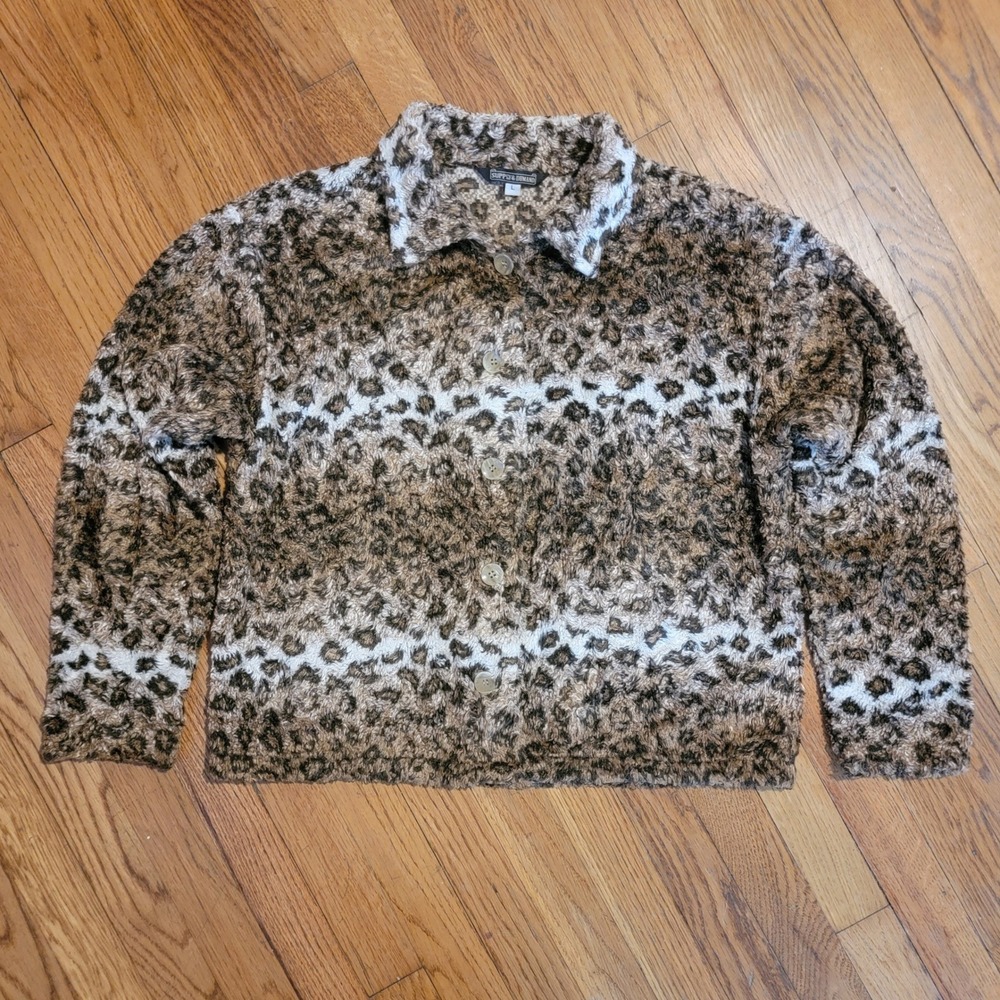 Supply & Demand Leopard Print Faux Fur Collard Button Front Women's‎ Size Large